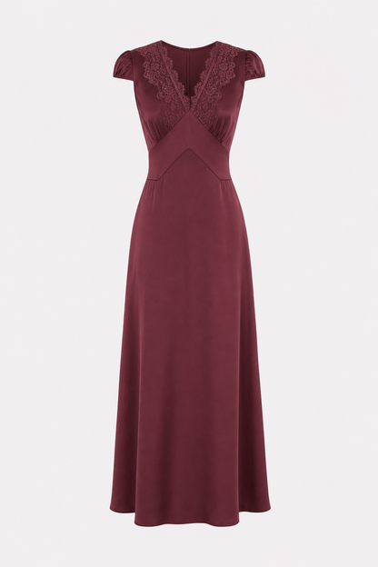 Wine red V-neck lace maxi dress