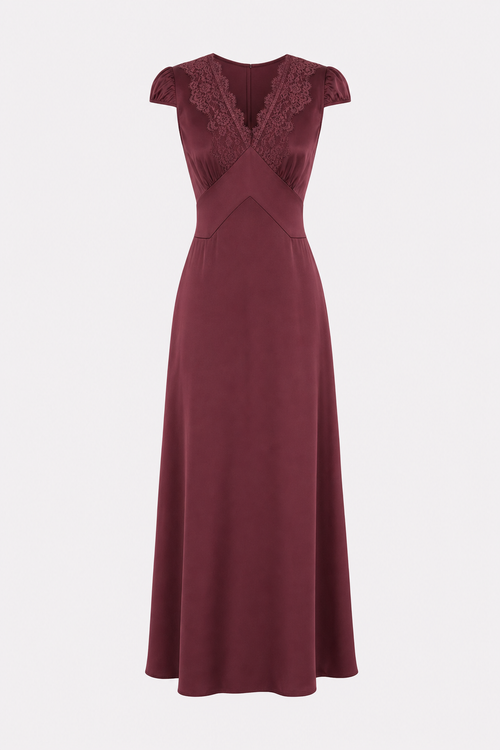Wine red V-neck lace maxi dress