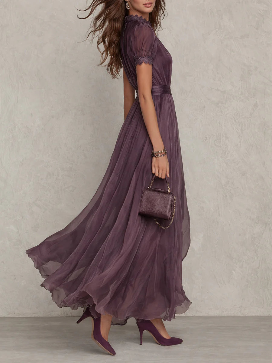 Purple Chiffon Maxi Dress with Lace Trim - view 3