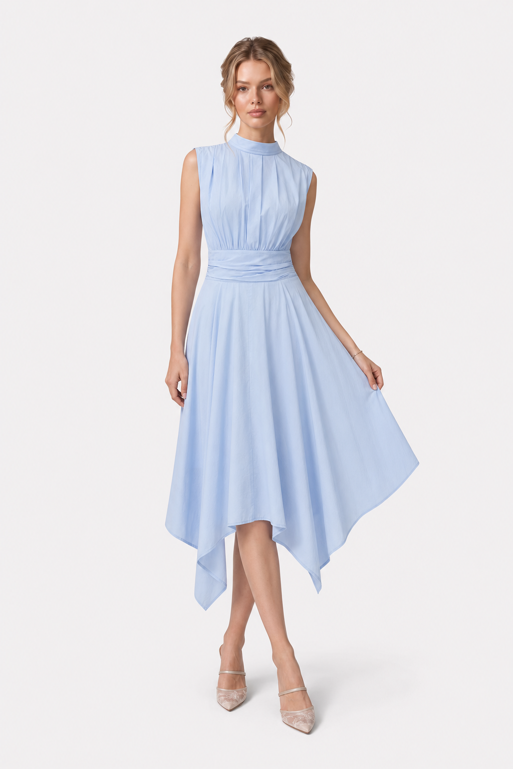 Light Blue Cotton Blend Stand Collar Midi Dress - view 2
