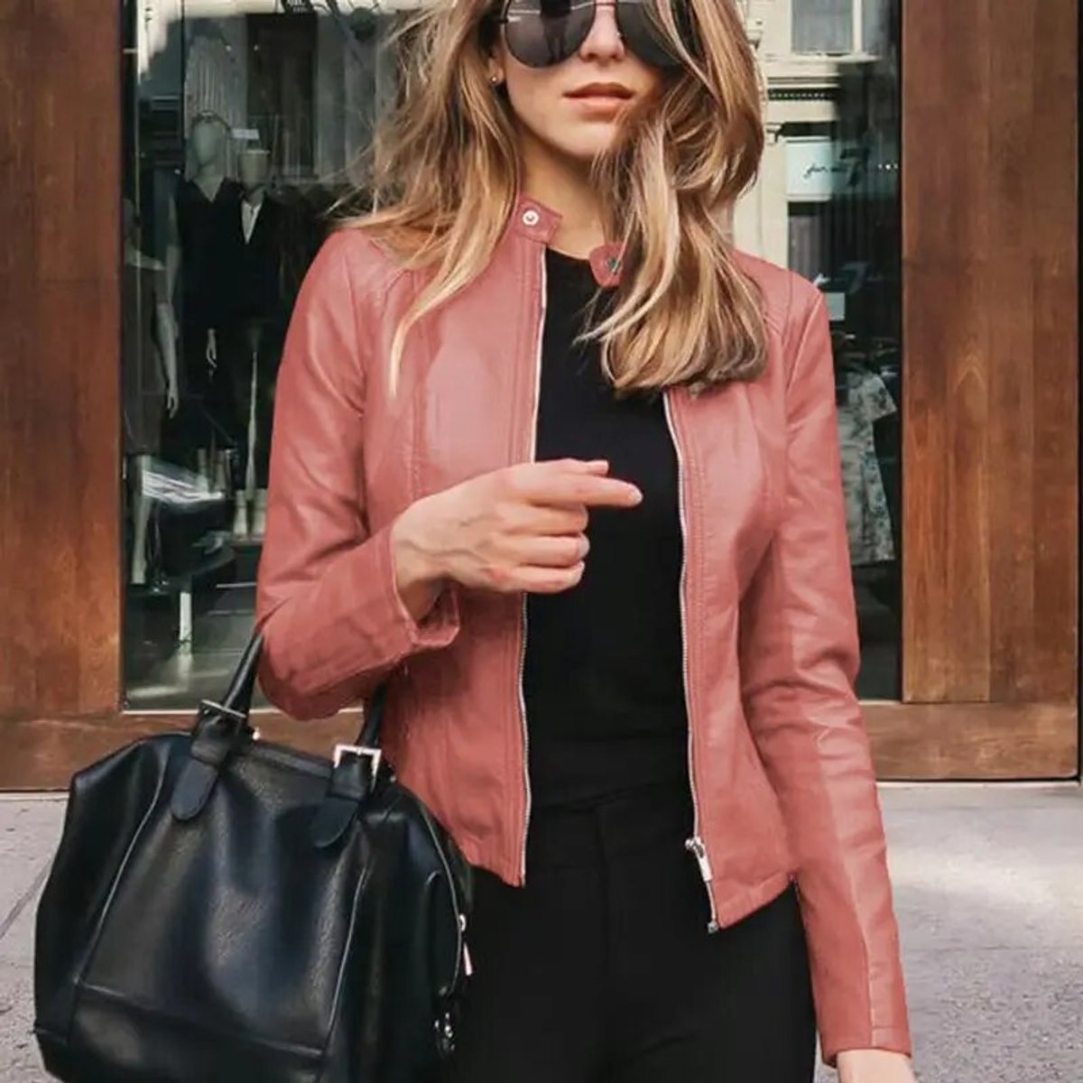 Faux Leather Moto Jacket with Band Collar - view 8