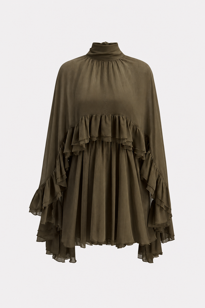Chiffon Mini Dress with Ruffle Cape Overlay - view 6