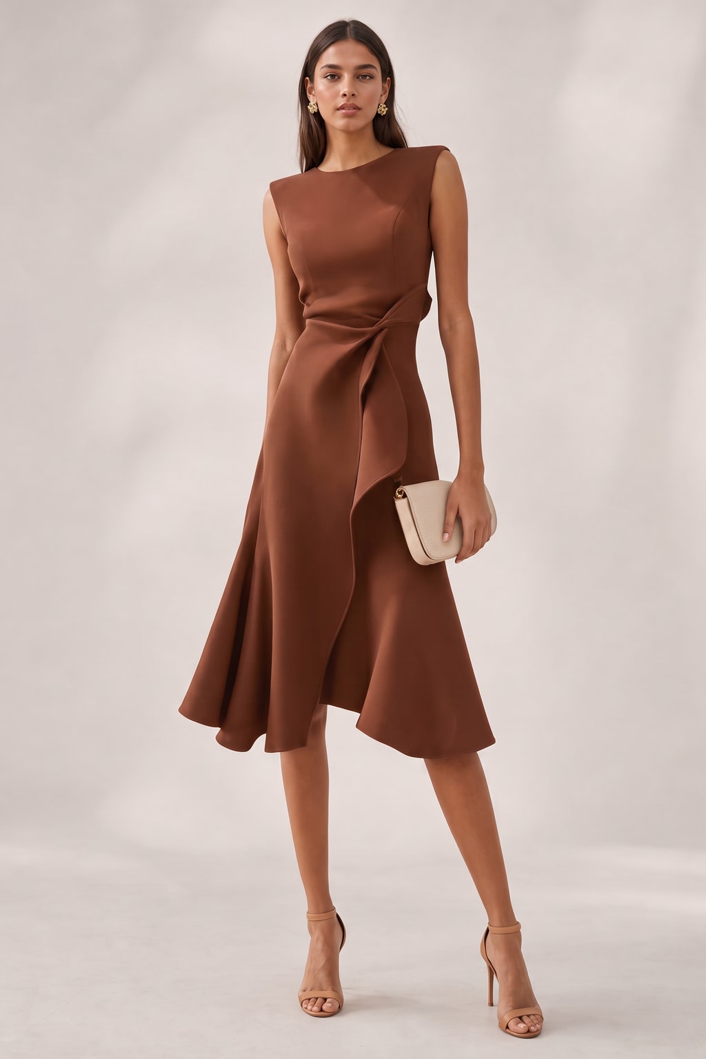 Satin Midi Dress With Asymmetric Draped Detail - 11