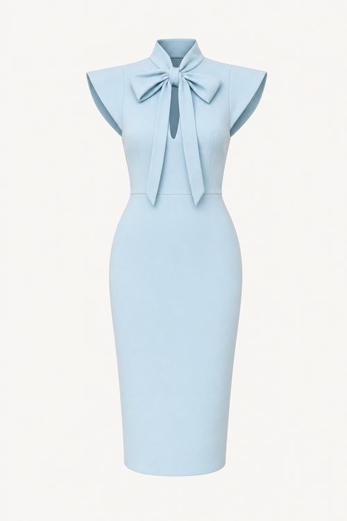Bow-Tie Stand Collar Midi Dress