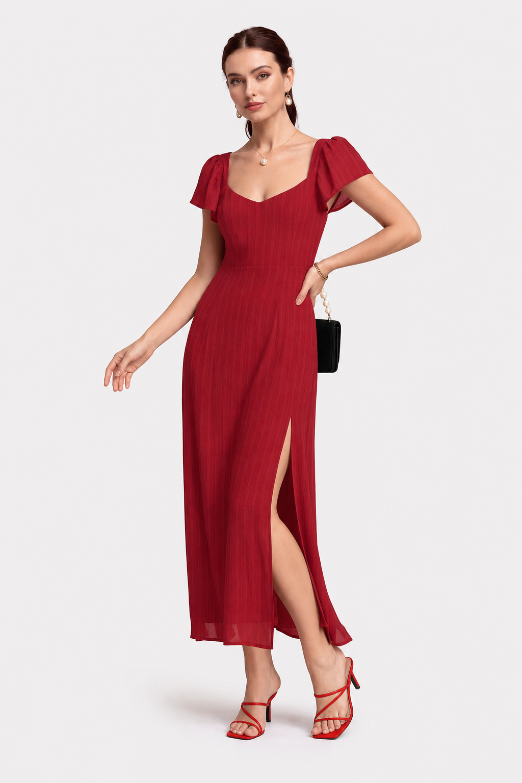 Red sweetheart neck jacquard maxi dress with side slit