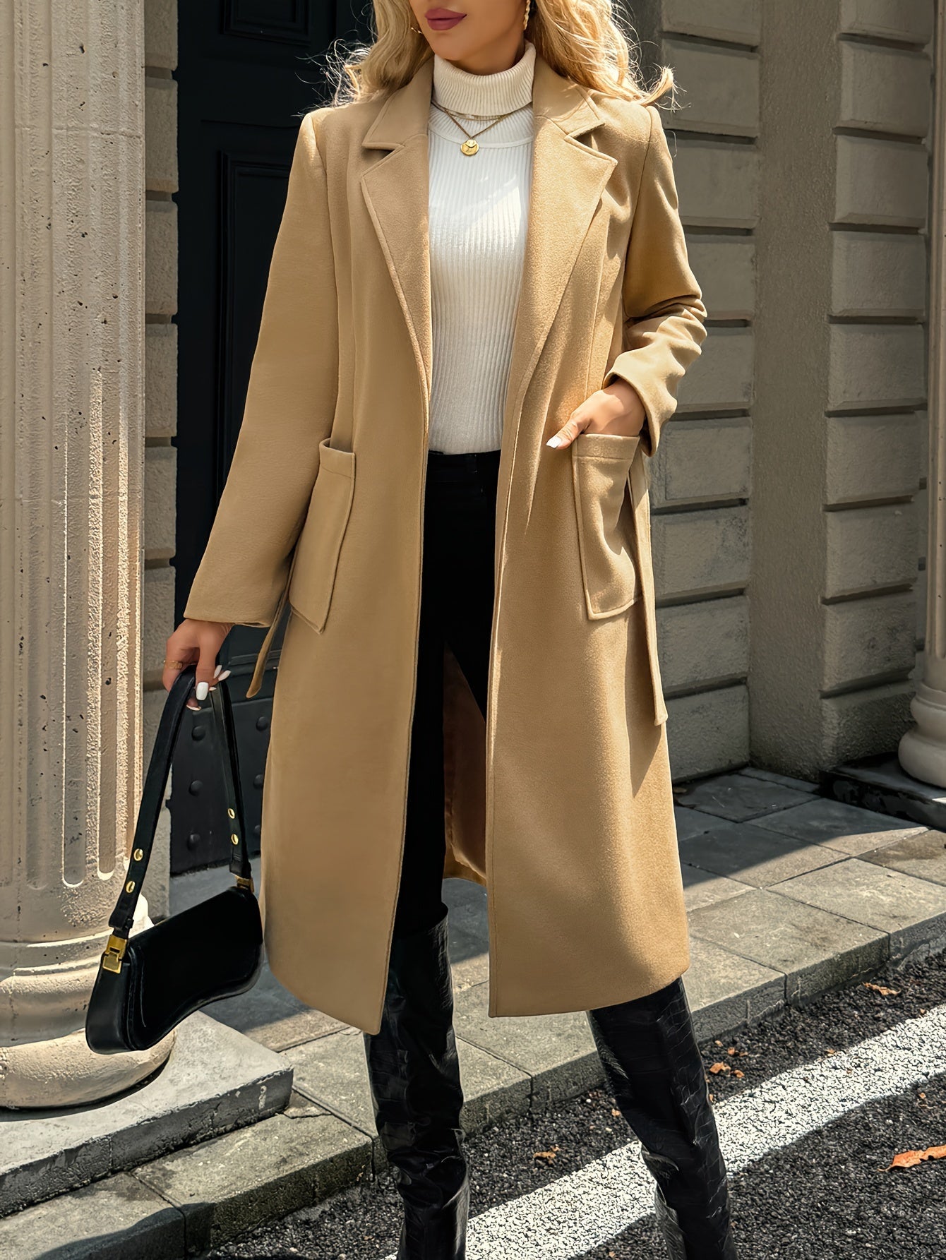 Tailored belted long coat with waist tie - view 5