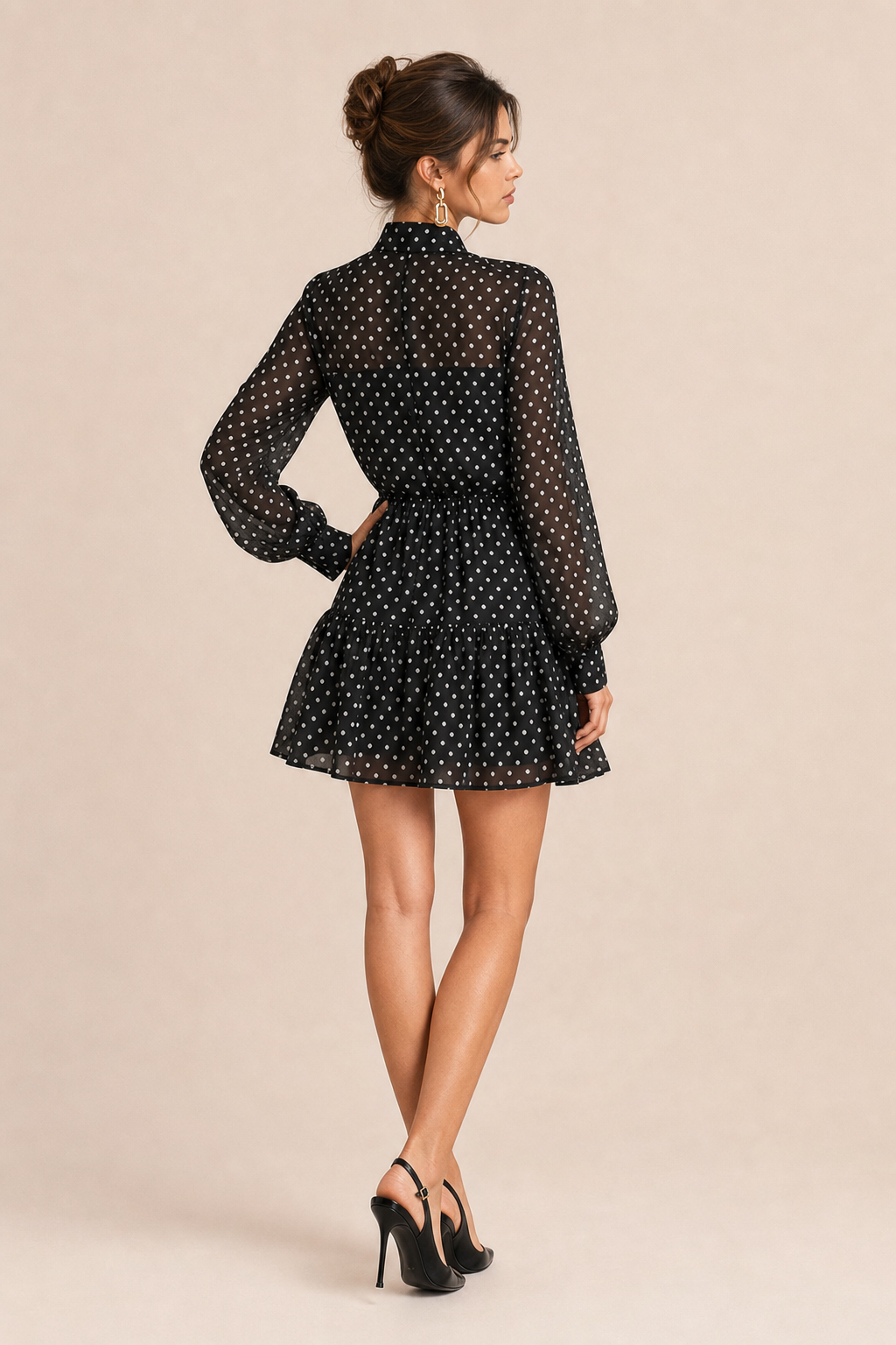 Black Polka Dot Chiffon Top and Skirt Set - view 4