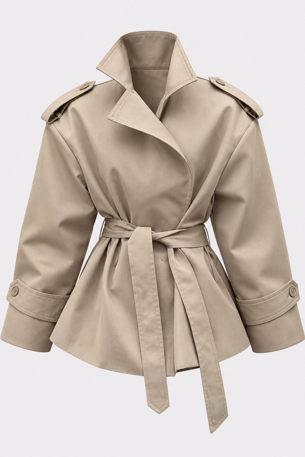 Beige cropped trench jacket that wraps across the front with a self-tie belt, epaulettes and buttoned cuff tabs