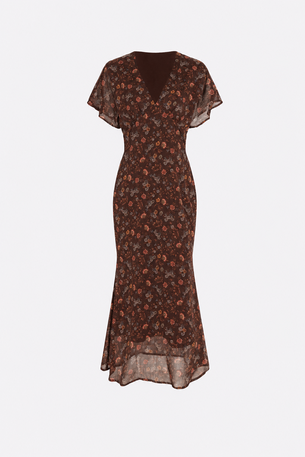 Coffee Floral Chiffon V-Neck Maxi Dress