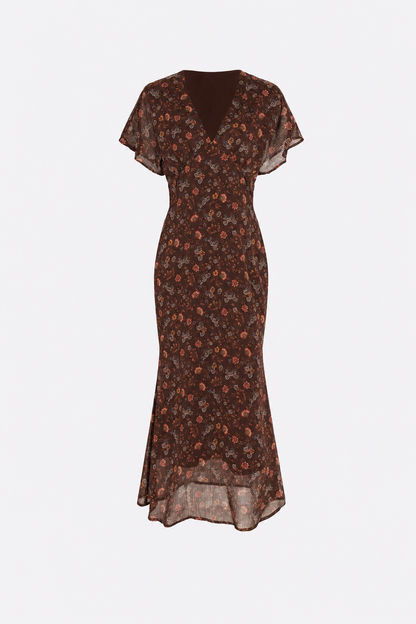 Coffee Floral Chiffon V-Neck Maxi Dress