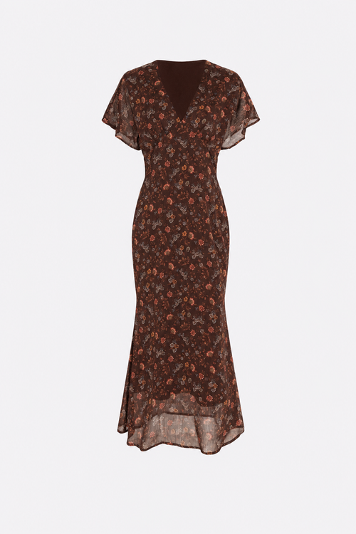 Coffee Floral Chiffon V-Neck Maxi Dress