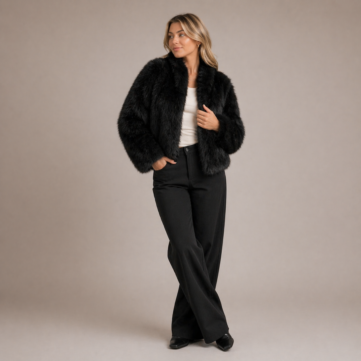 Cropped Faux Fur Jacket, Relaxed Fit - view 4