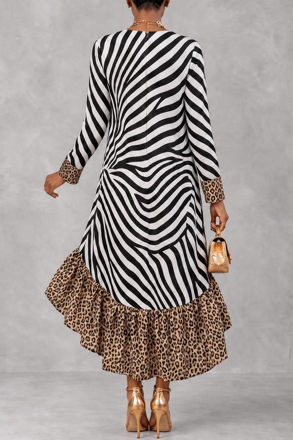 Polyester Leopard Print Midi Dress With High-Low Hem - 4