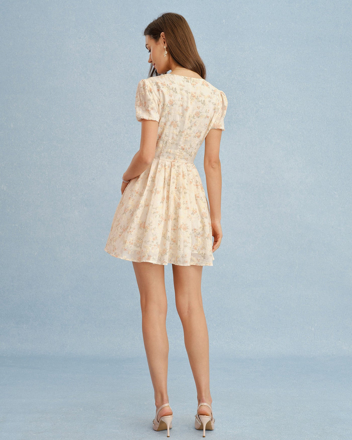 Orange Floral Tie-Neck Mini Dress, Puff Sleeves - view 4