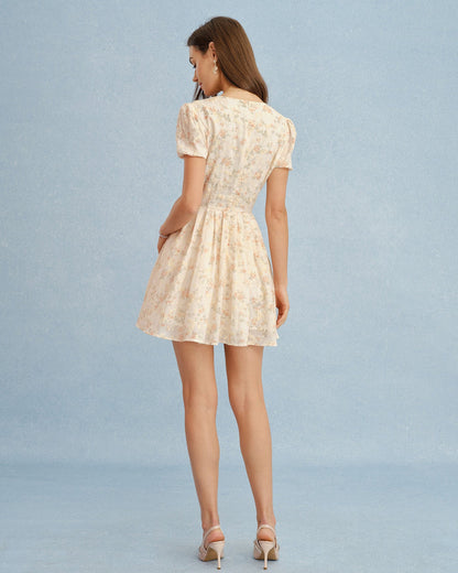 Orange Floral Tie-Neck Mini Dress, Puff Sleeves - view 4