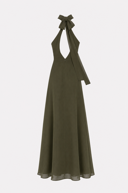 Green Mock Neck Chiffon Maxi Dress, Side Slit - view 2
