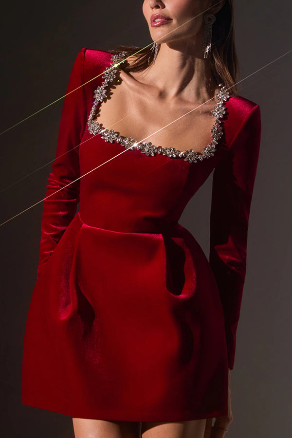 Velvet long sleeve mini dress with jeweled trim - view 3