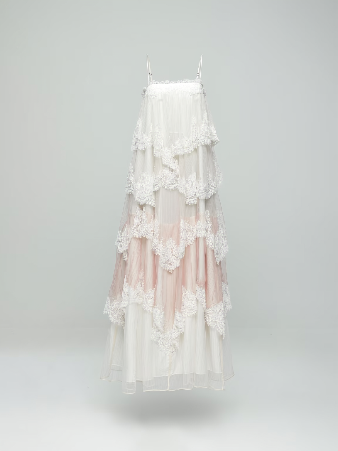 Pink Chiffon Lace Backless Tiered Maxi Dress
