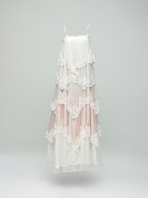 Pink Chiffon Lace Backless Tiered Maxi Dress