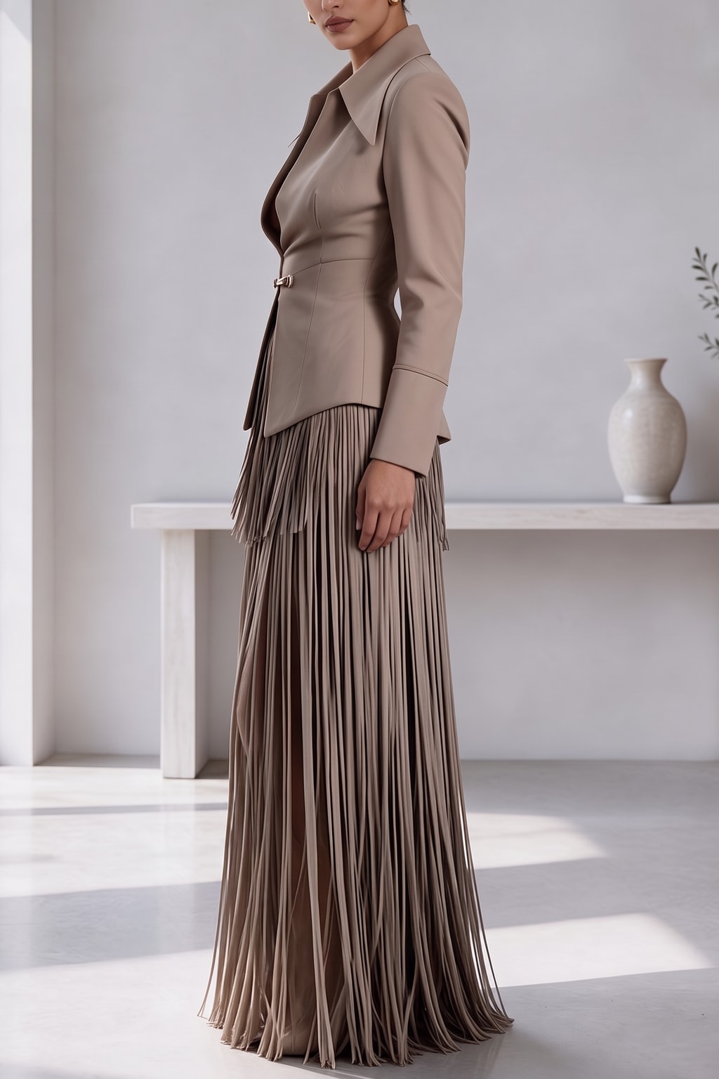 Khaki Polyester Blazer And Tassel Skirt Two-Piece Set - 3