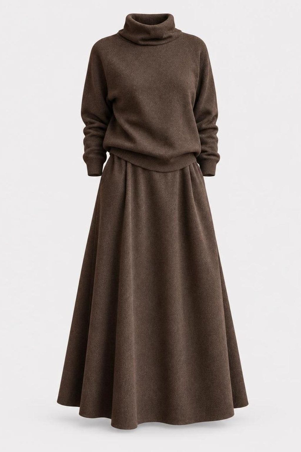 Fleece Knit Turtleneck Sweater And Maxi Skirt Set - 1