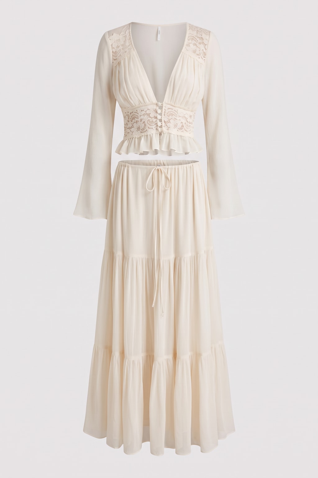 Chiffon Skirt Set With Lace Panels - 1