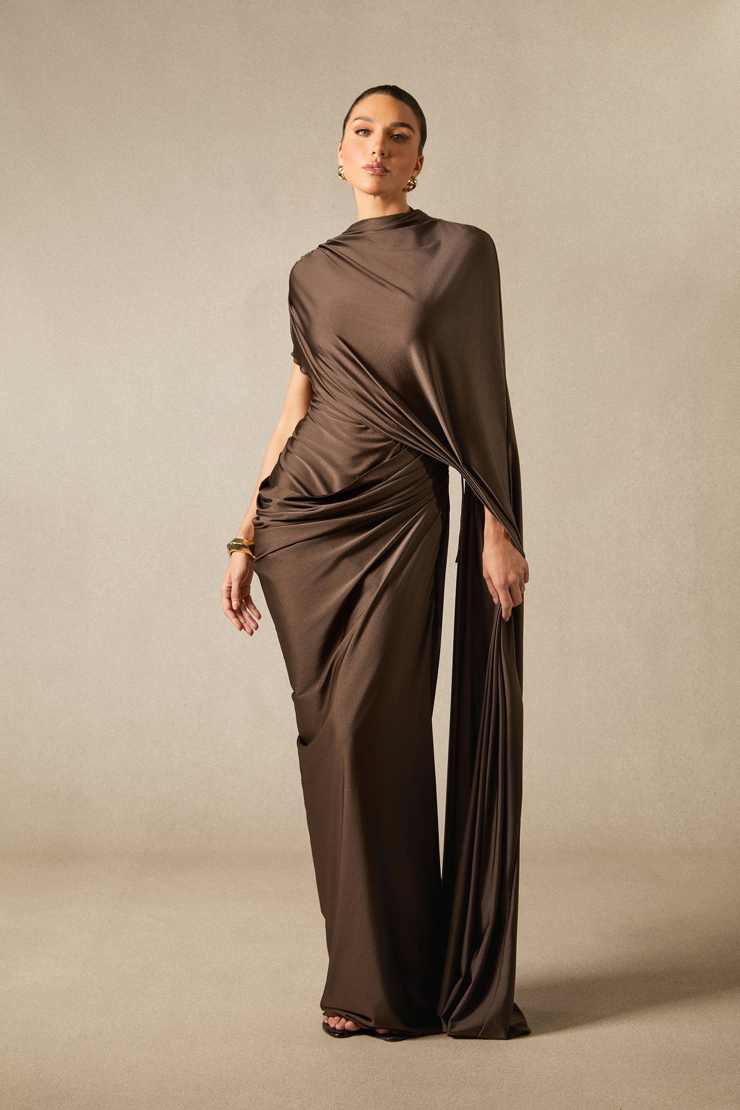 Draped Maxi Dress with Asymmetric Cape Sleeve - view 5