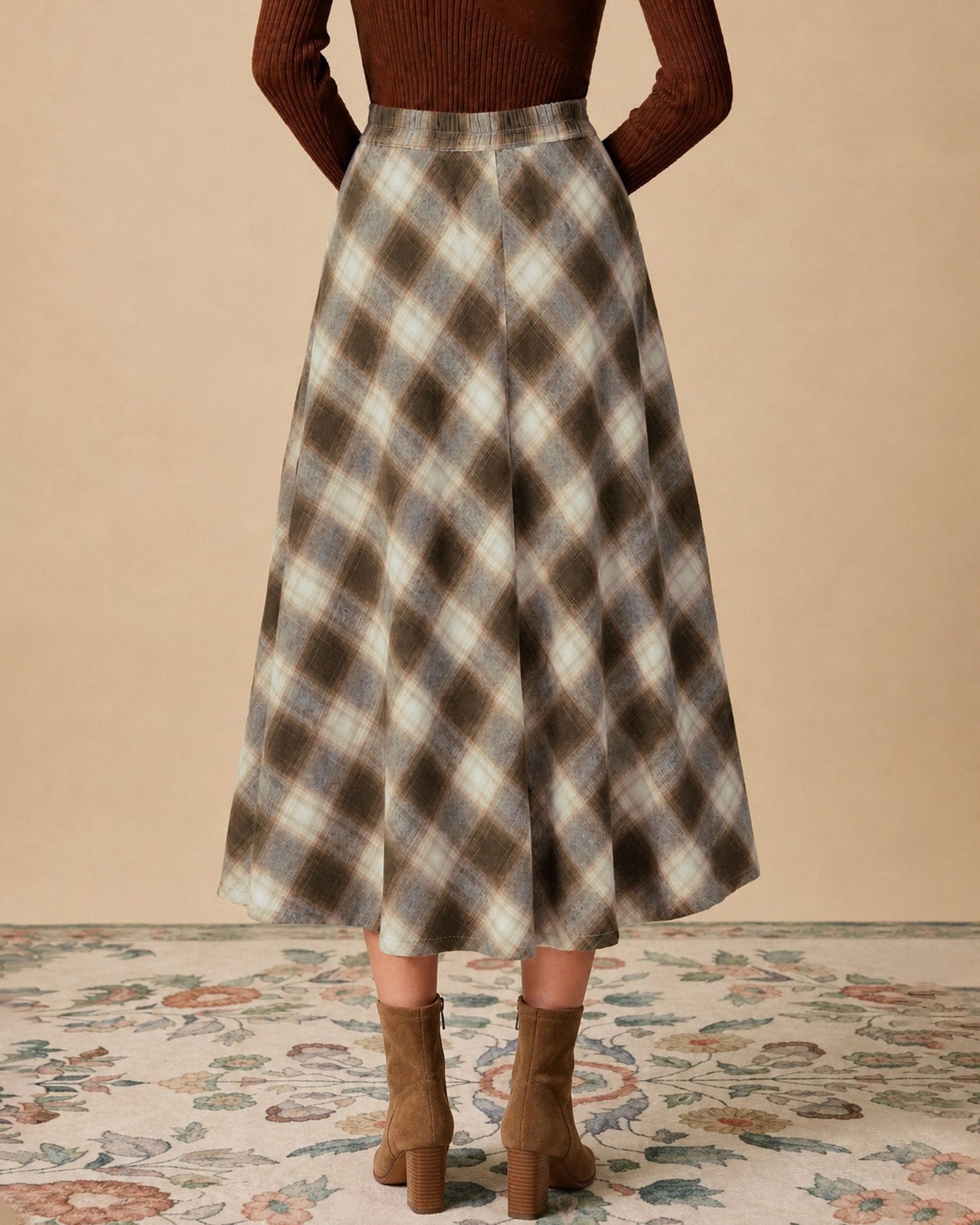 Brown Plaid Cotton Midi Skirt, Elastic Waist - view 4