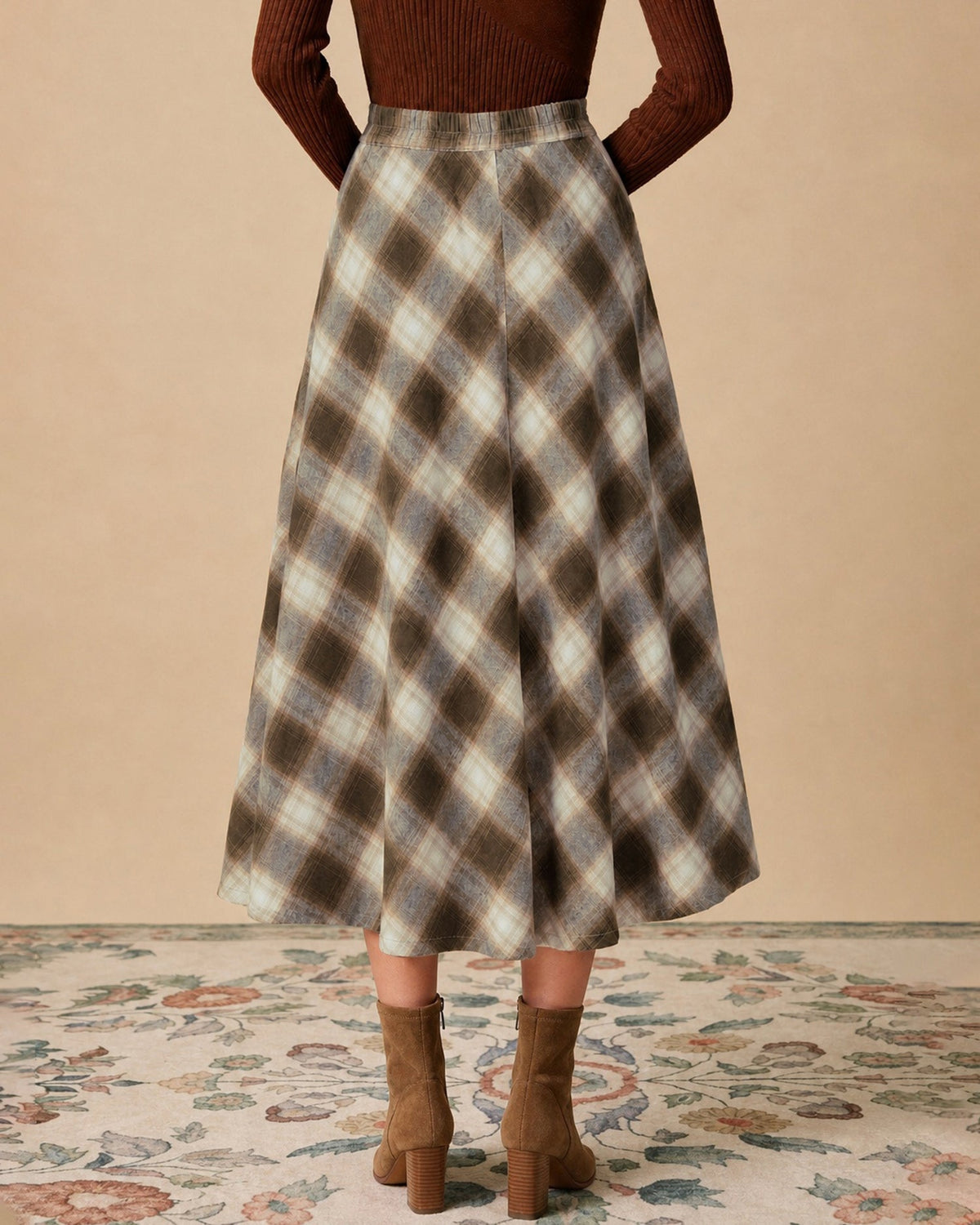 Brown Plaid Cotton Midi Skirt, Elastic Waist - view 4