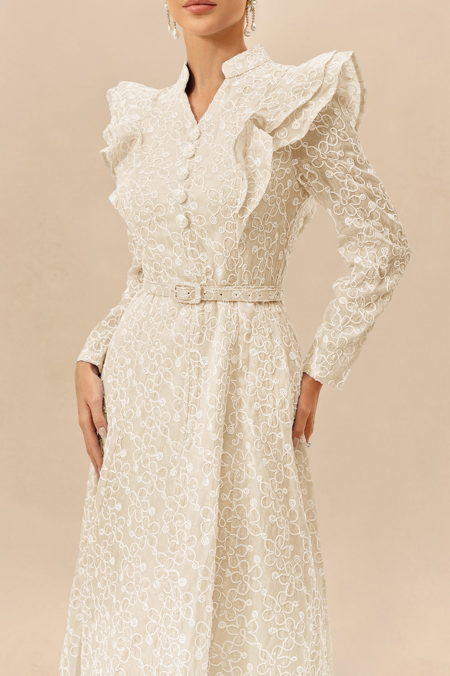 Beige floral embroidery belted maxi dress - view 3
