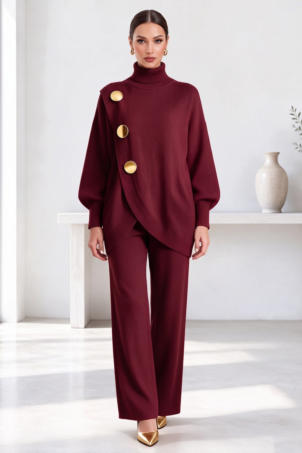 Knit Two-Piece Set With High Neck And Wide Leg Pants - 2