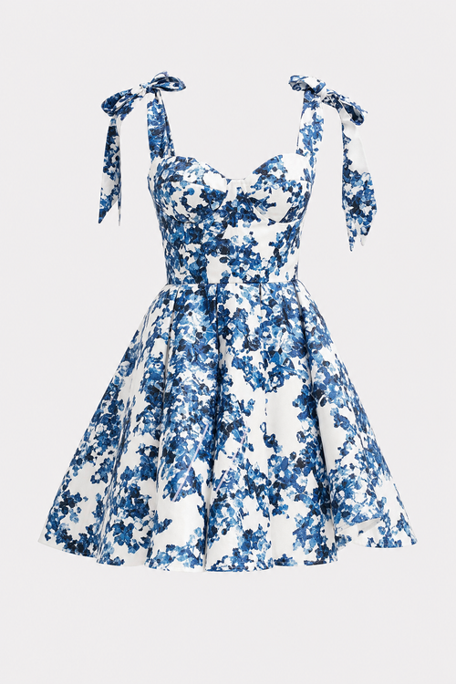 Blue Floral Bow-Strap Flared Mini Dress