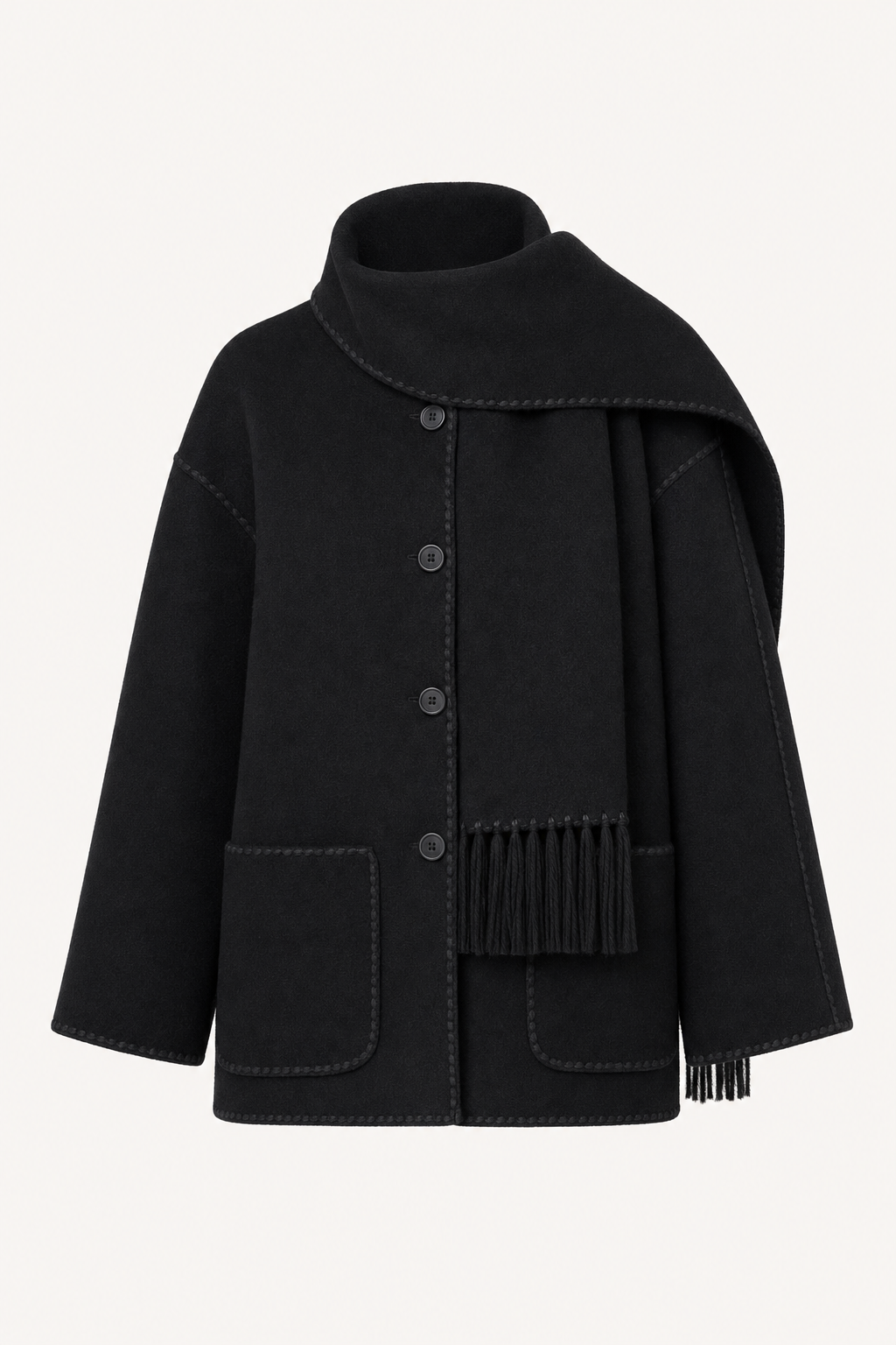 Wool-blend draped coat with attached scarf