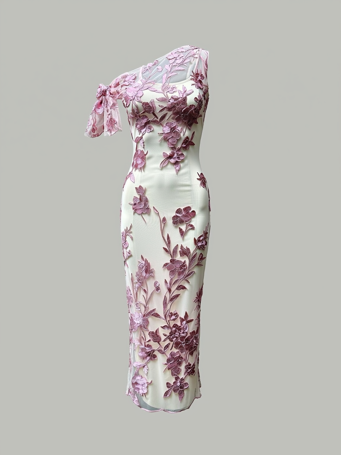 One-Shoulder Bow Lace Sheath Maxi Dress