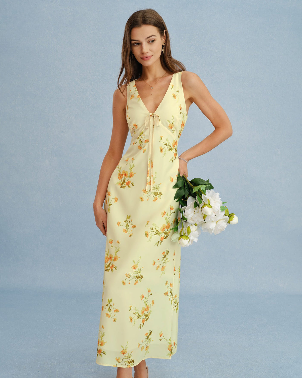 Yellow floral chiffon maxi dress with V-neck - view 2