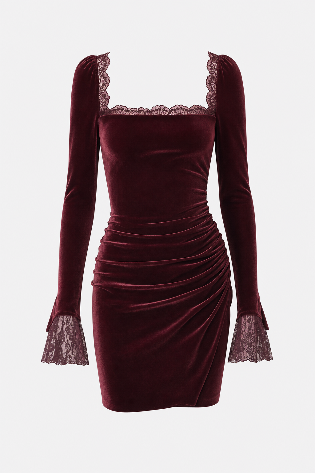 Wine red velour mini dress with square neck