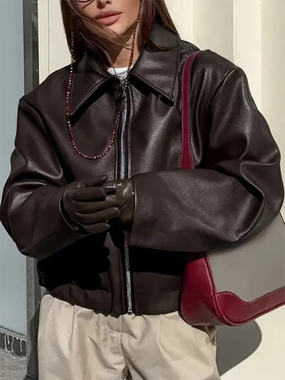 Oversized Cropped Faux Leather Jacket - view 18
