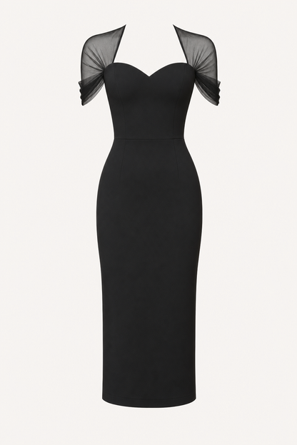 Black Mesh Sleeve Sweetheart Midi Dress