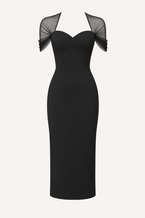 Black Mesh Sleeve Sweetheart Midi Dress