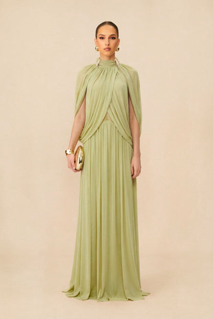 Green Draped Maxi Dress with Cape Sleeves - view 2