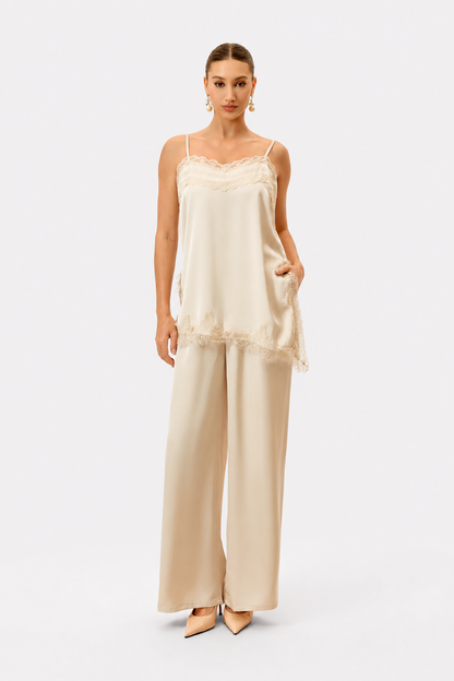 Beige Lace-Trim Cami and Wide-Leg Pants Set - view 6