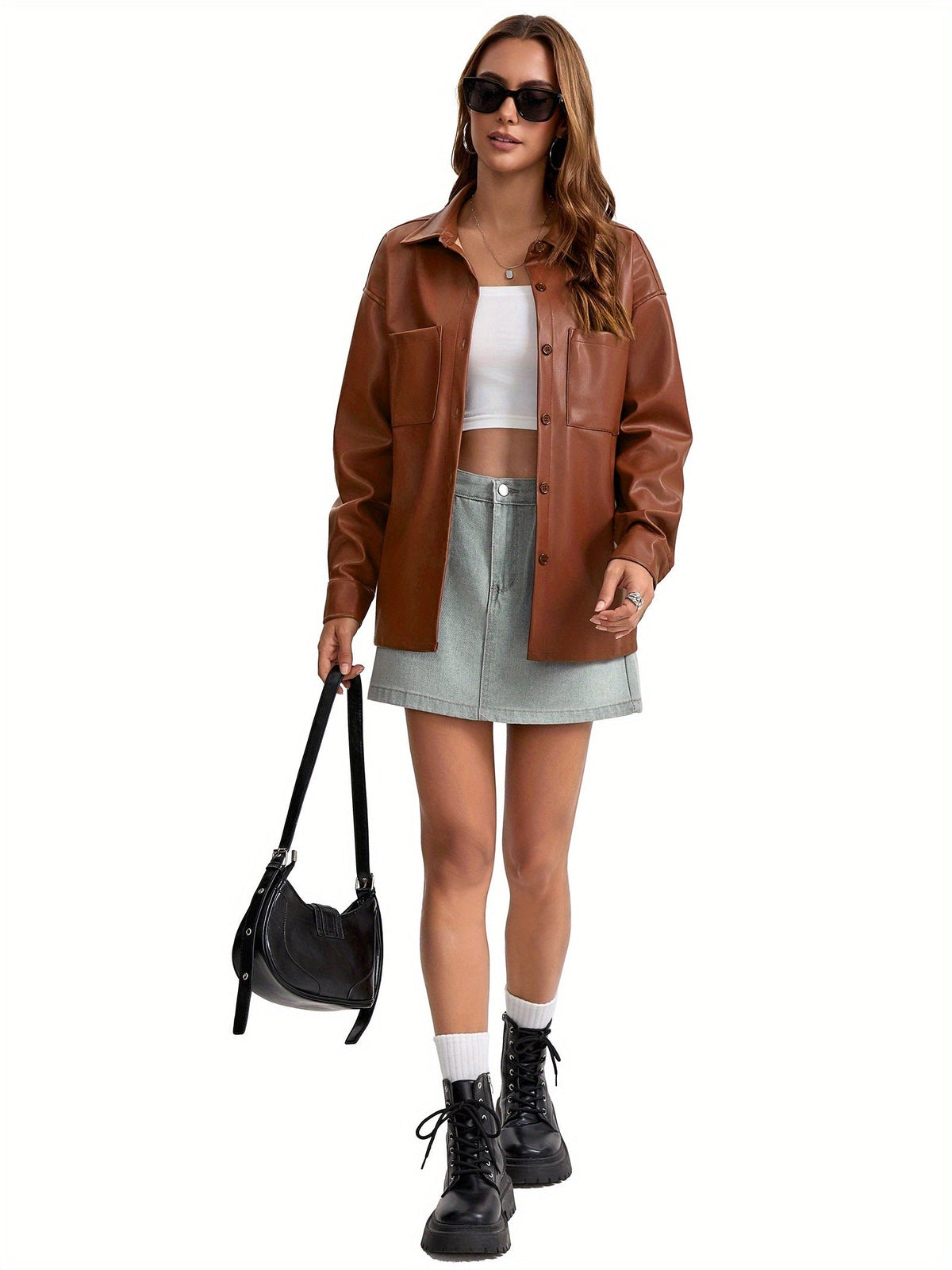 Oversized Faux Leather Button-Front Jacket - view 4