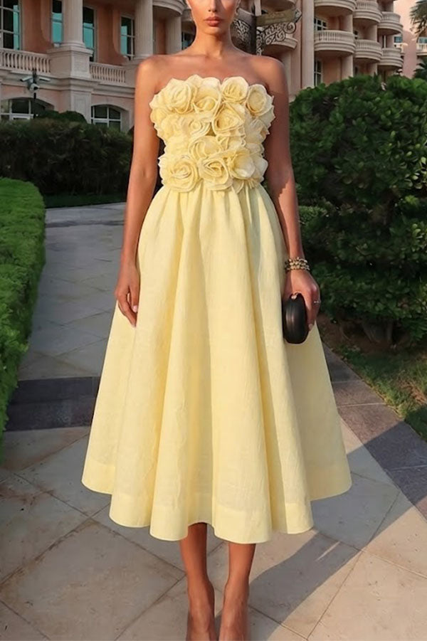 Off-Shoulder Rosette Midi Dress in Yellow - view 6