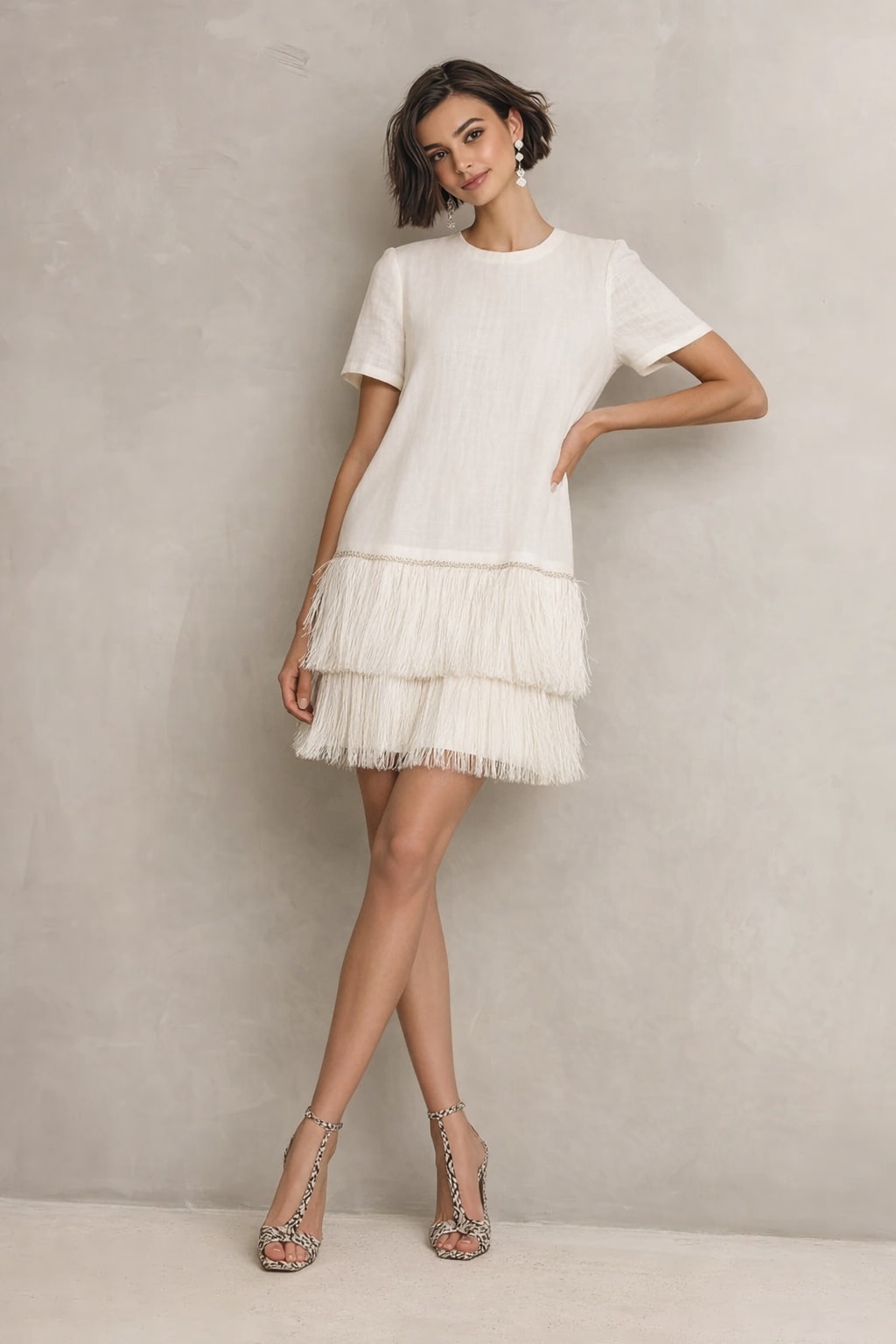 Cotton Mini Dress With Fringe Hem - 6