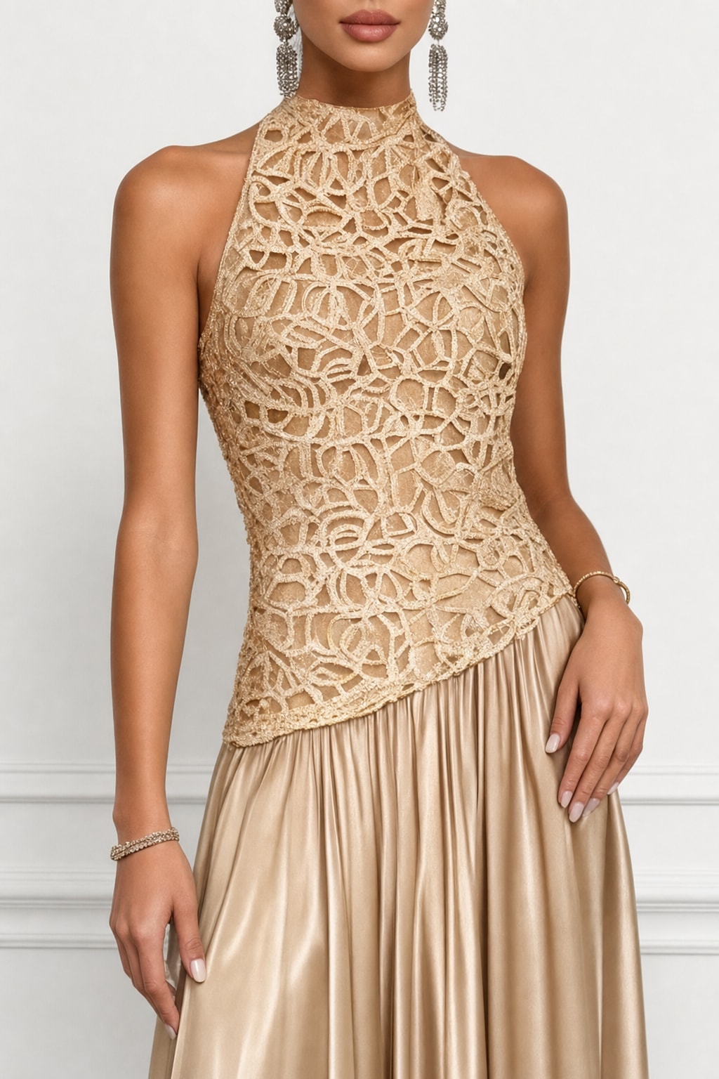 Lace Satin Halter A-Line Maxi Dress - 5