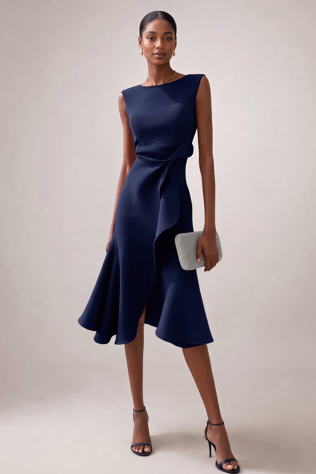 Satin Midi Dress With Asymmetric Draped Detail - 4
