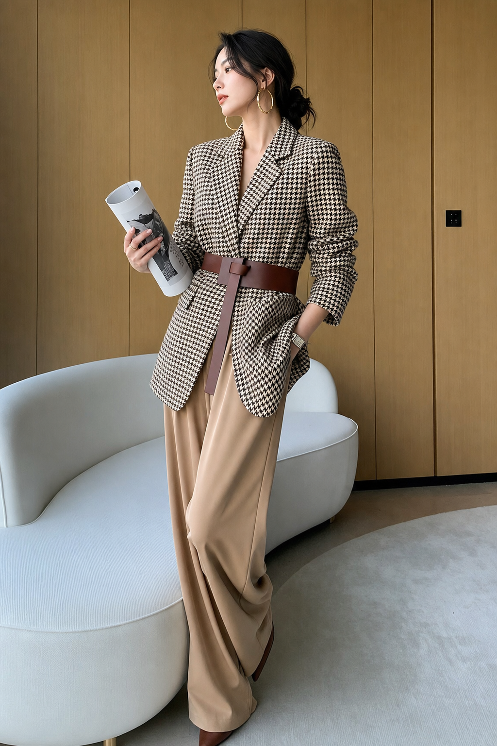 Khaki Houndstooth Belted Blazer, Split Back - view 2