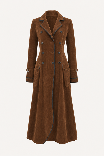 Faux Suede Double-Breasted Long Trench Coat