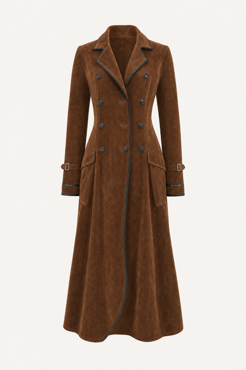 Faux Suede Double-Breasted Long Trench Coat