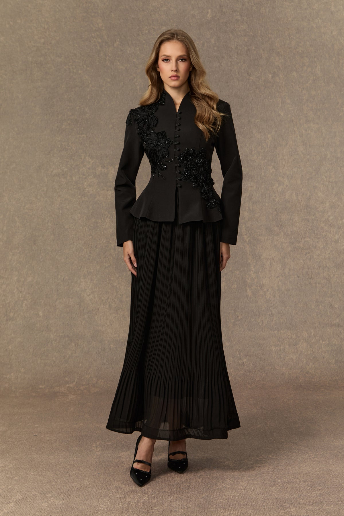 Terylene Lace Applique Peplum Jacket & Pleated Skirt Set - 7